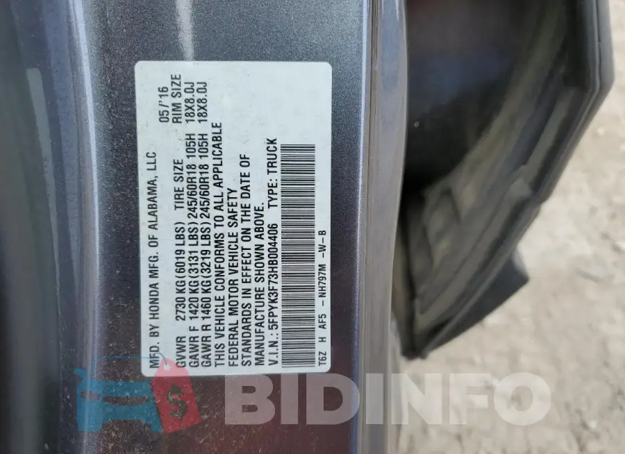 5FPYK3F73HB004406 Photo# 12