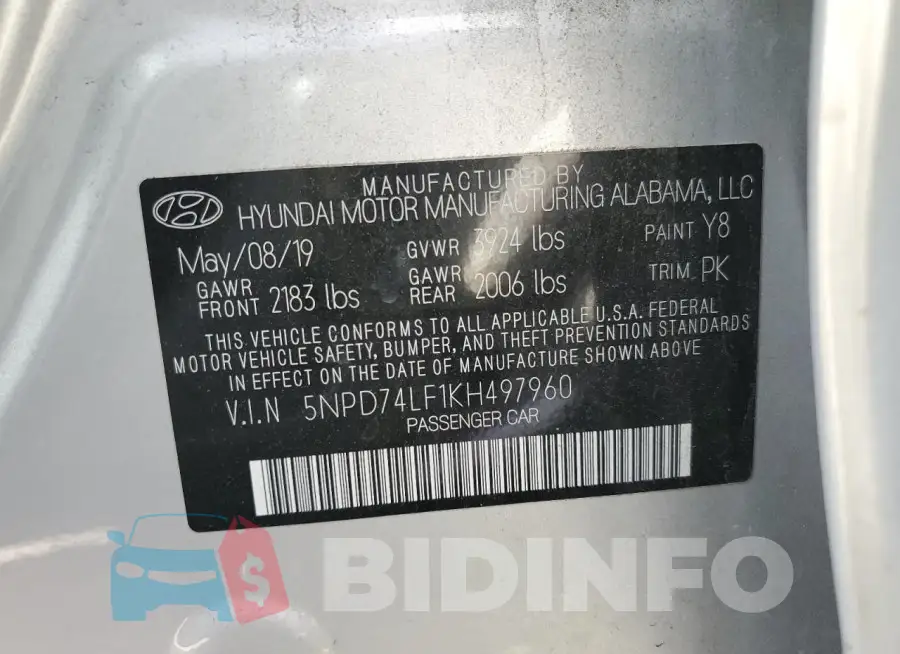 5NPD74LF1KH497960 Photo# 12