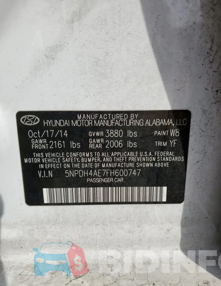 5NPDH4AE7FH600747 Photo# 12