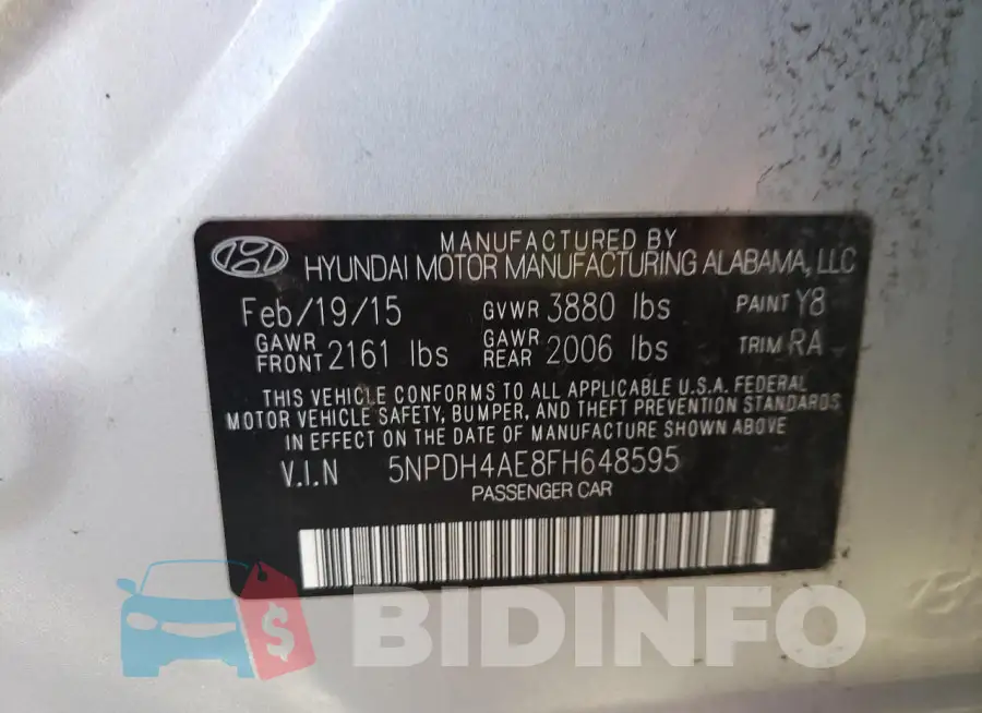 5NPDH4AE8FH648595 Photo# 12