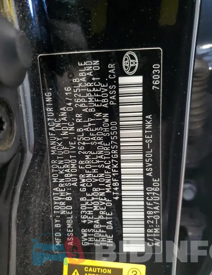 4T4BF1FK7GR575500 Photo# 12