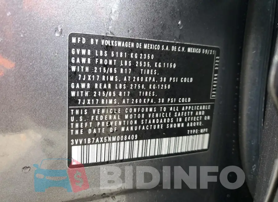 3VV1B7AX5NM008409 Photo# 13