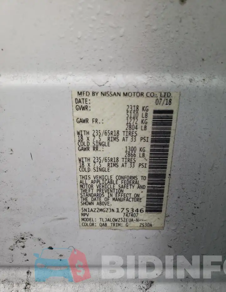 5N1AZ2MG2JN175346 Photo# 13