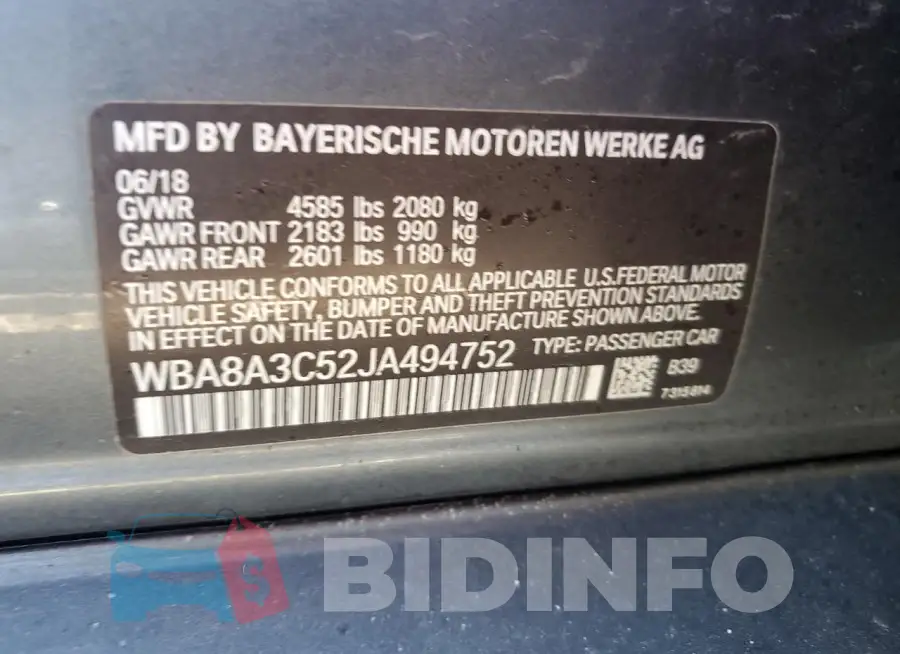 WBA8A3C52JA494752 Photo# 12