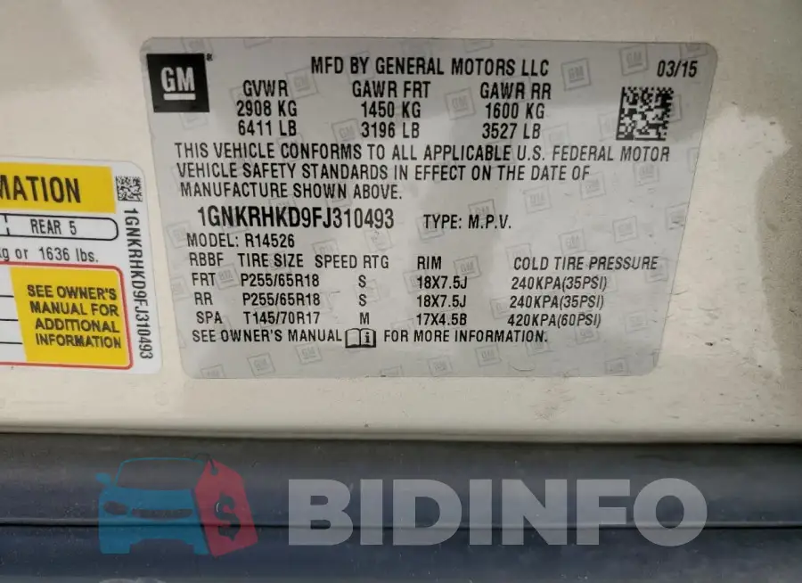 1GNKRHKD9FJ310493 Photo# 13