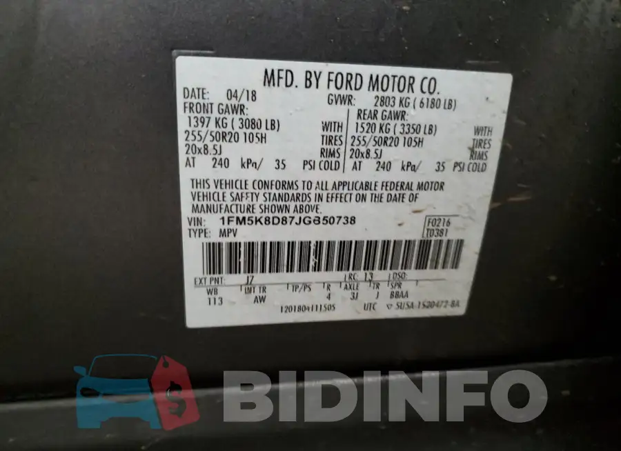1FM5K8D87JGB50738 Photo# 13