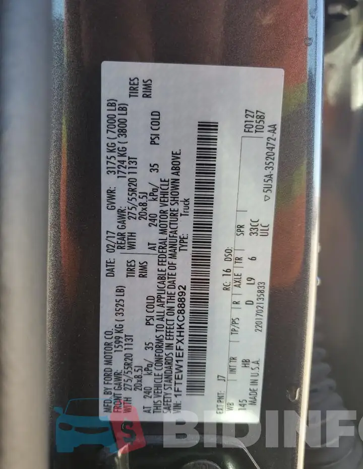 1FTEW1EFXHKC88892 Photo# 12