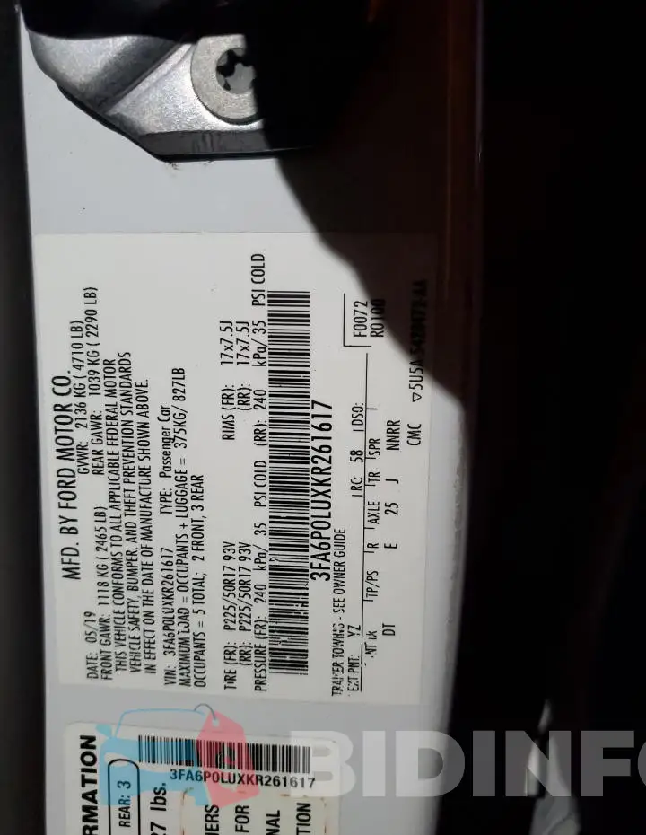 3FA6P0LUXKR261617 Photo# 12