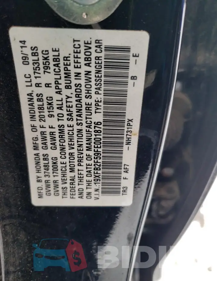 19XFB2F59FE001876 Photo# 13