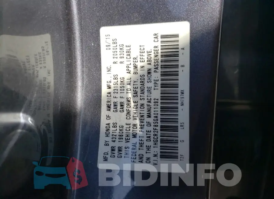 1HGCR2F85GA011092 Photo# 12