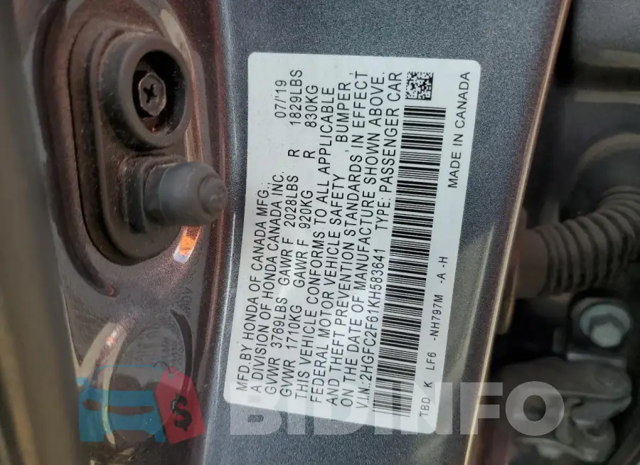 2HGFC2F61KH583641 Photo# 12