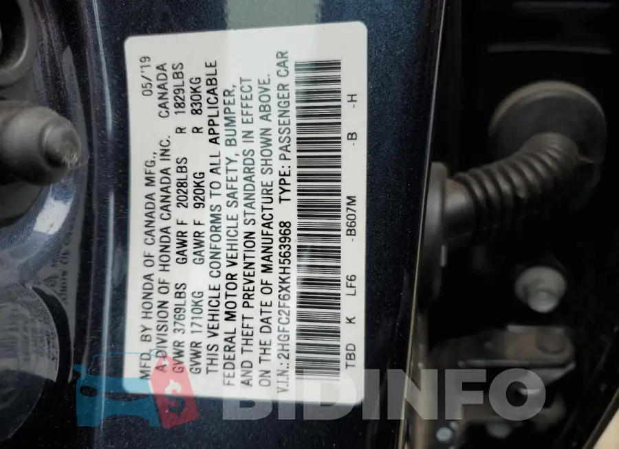 2HGFC2F6XKH563968 Photo# 12