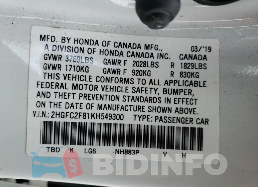 2HGFC2F81KH549300 Photo# 12