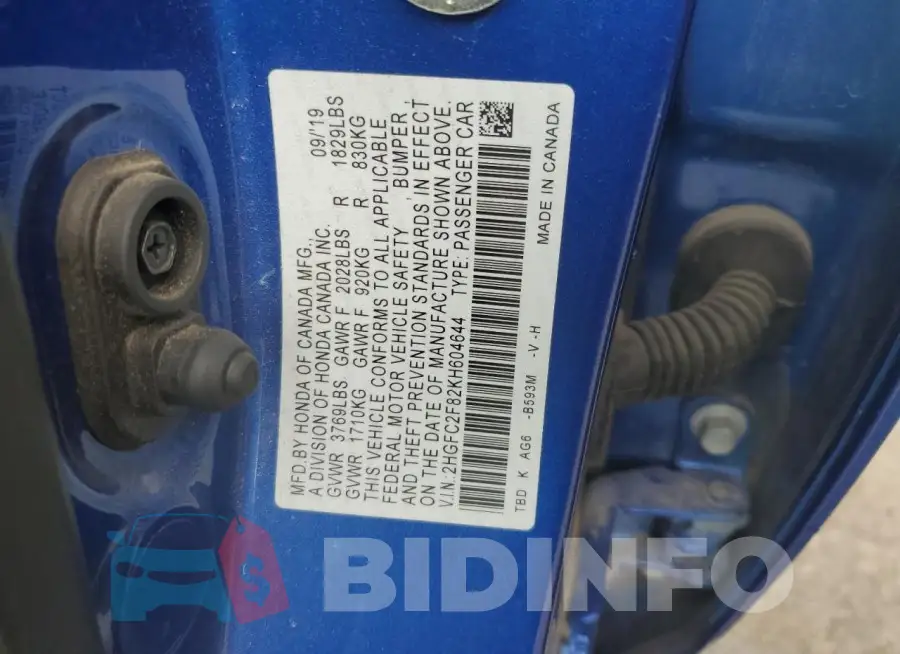 2HGFC2F82KH604644 Photo# 12