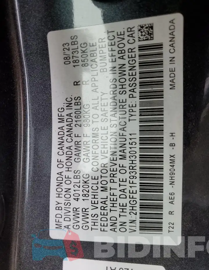 2HGFE1F93RH301511 Photo# 12