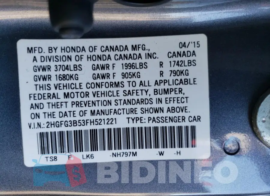 2HGFG3B53FH521221 Photo# 13