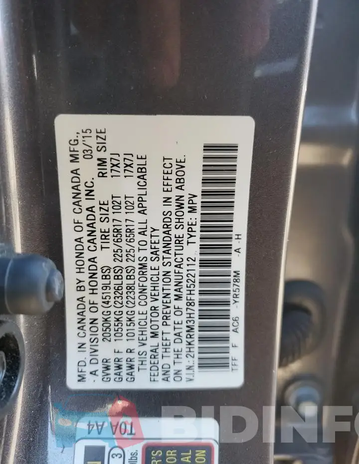2HKRM3H78FH522112 Photo# 13