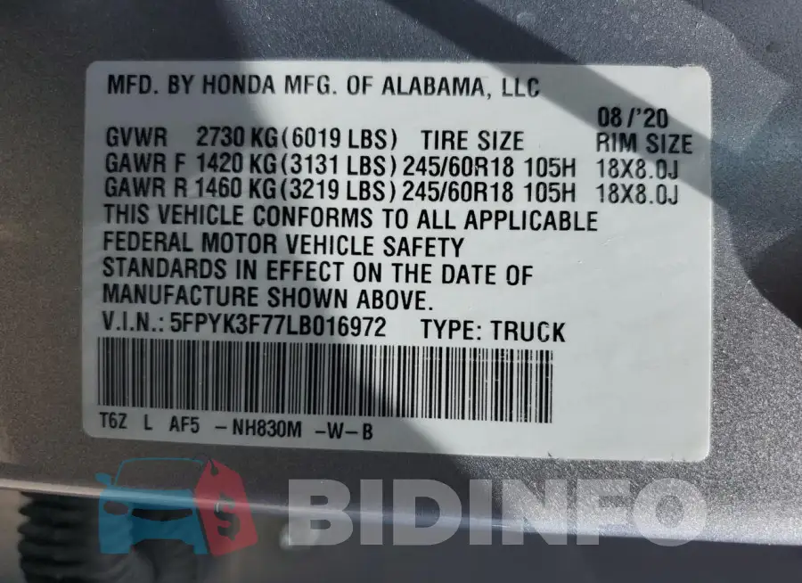 5FPYK3F77LB016972 Photo# 12