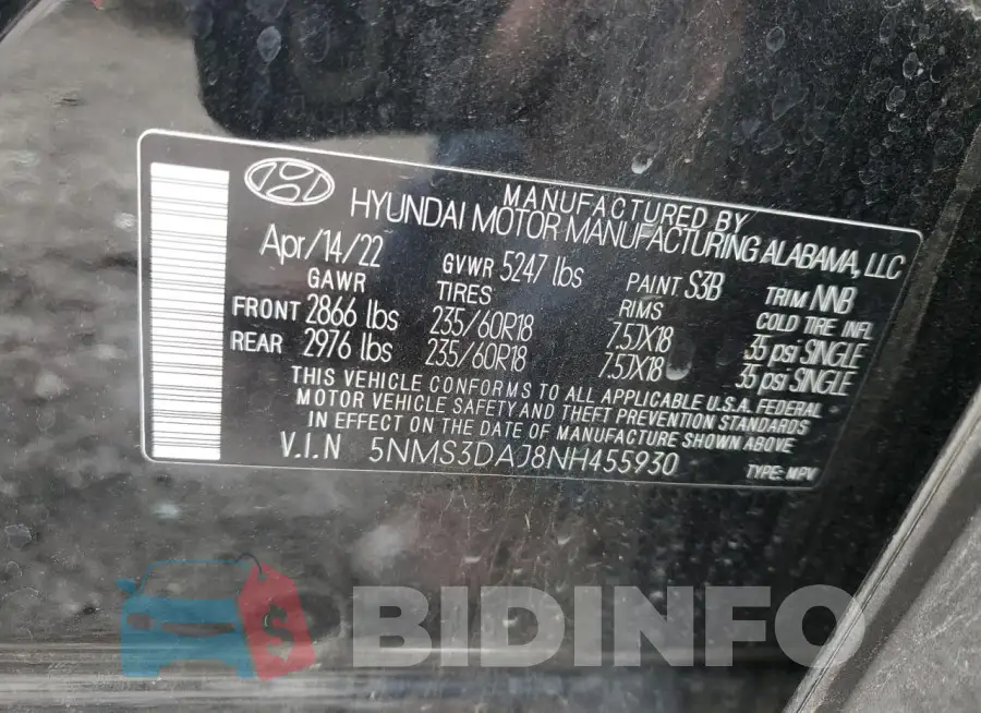 5NMS3DAJ8NH455930 Photo# 12