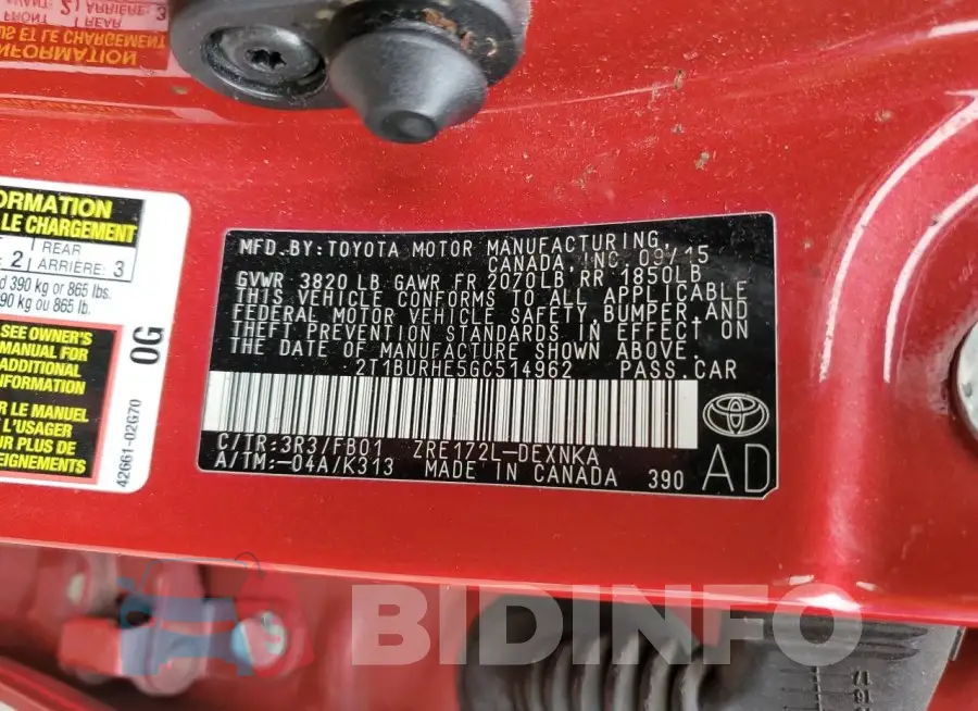 2T1BURHE5GC514962 Photo# 13