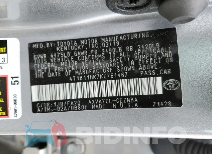 4T1B11HK7KU764467 Photo# 12