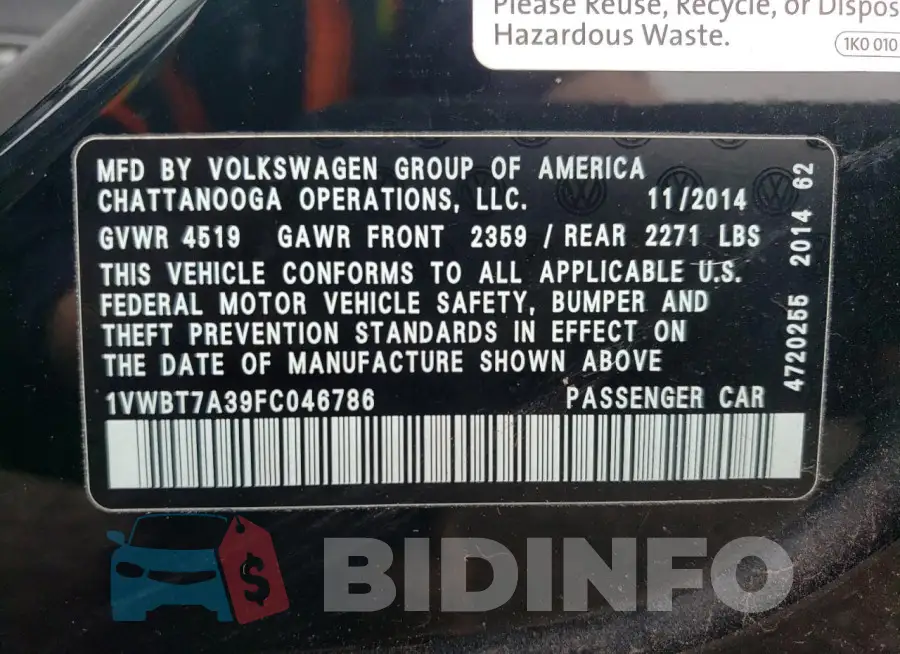 1VWBT7A39FC046786 Photo# 13