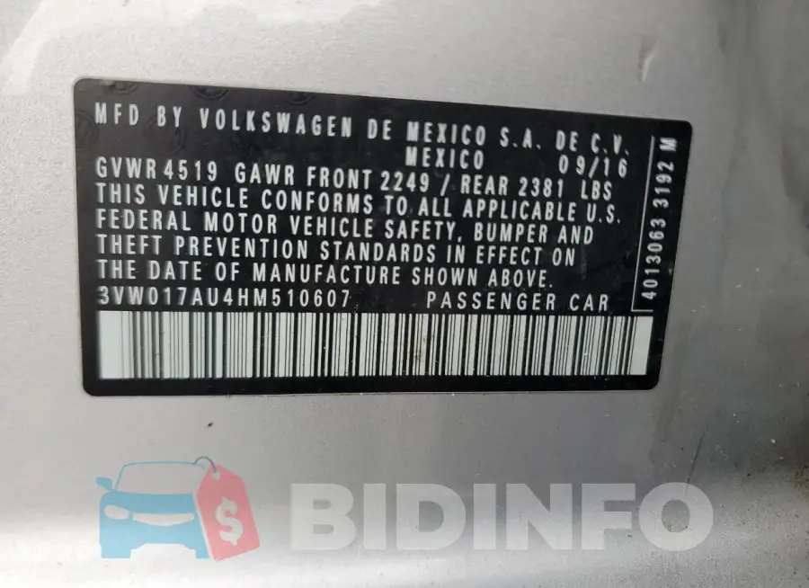 3VW017AU4HM510607 Photo# 12
