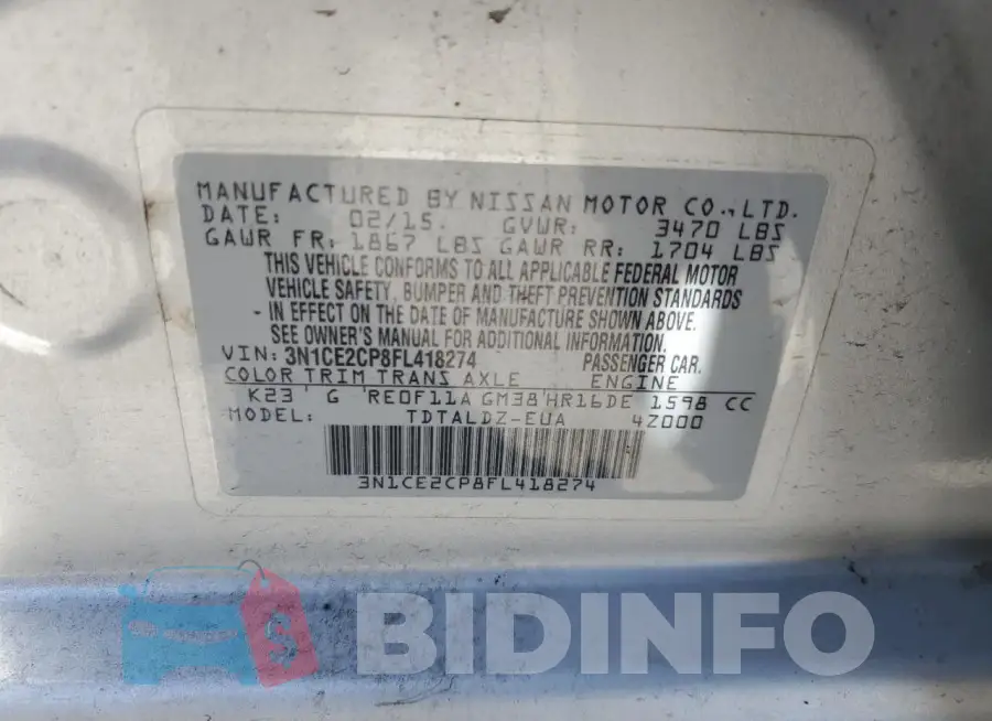 3N1CE2CP8FL418274 Photo# 13