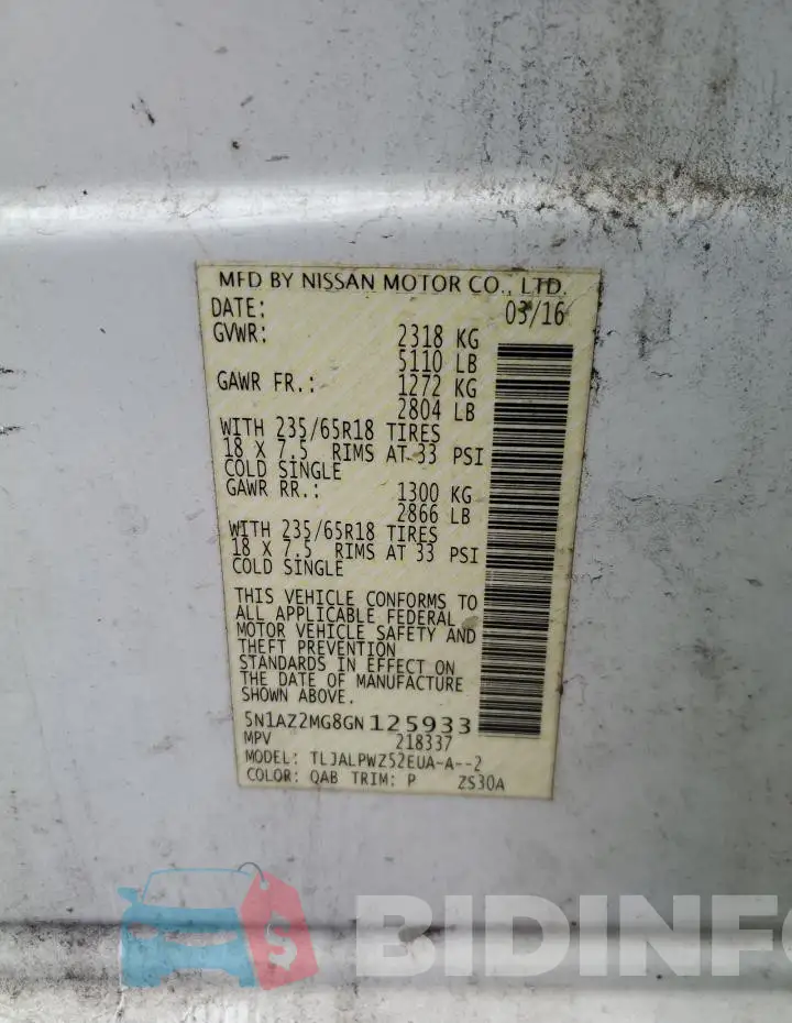 5N1AZ2MG8GN125933 Photo# 14