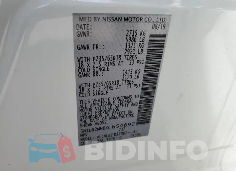 5N1DR2MM6KC654692 Photo# 14