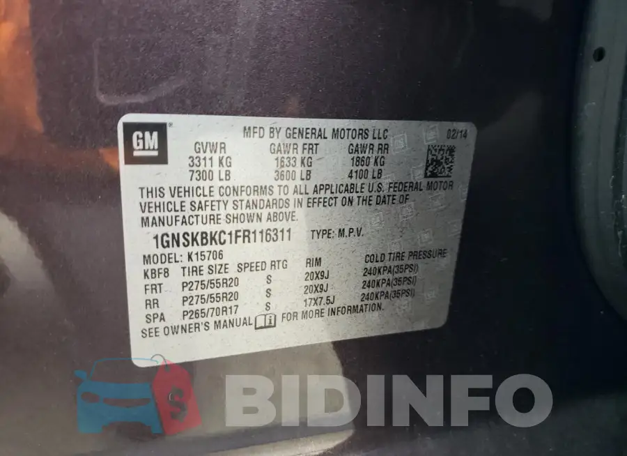 1GNSKBKC1FR116311 Photo# 12