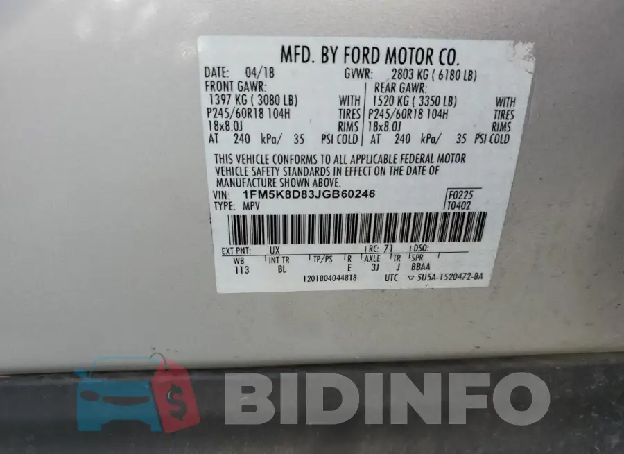1FM5K8D83JGB60246 Photo# 13