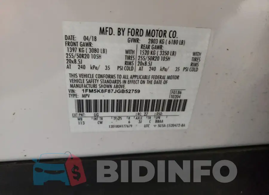1FM5K8F87JGB52759 Photo# 13