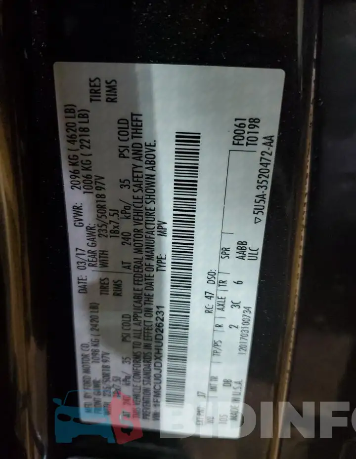 1FMCU0JDXHUD26231 Photo# 13