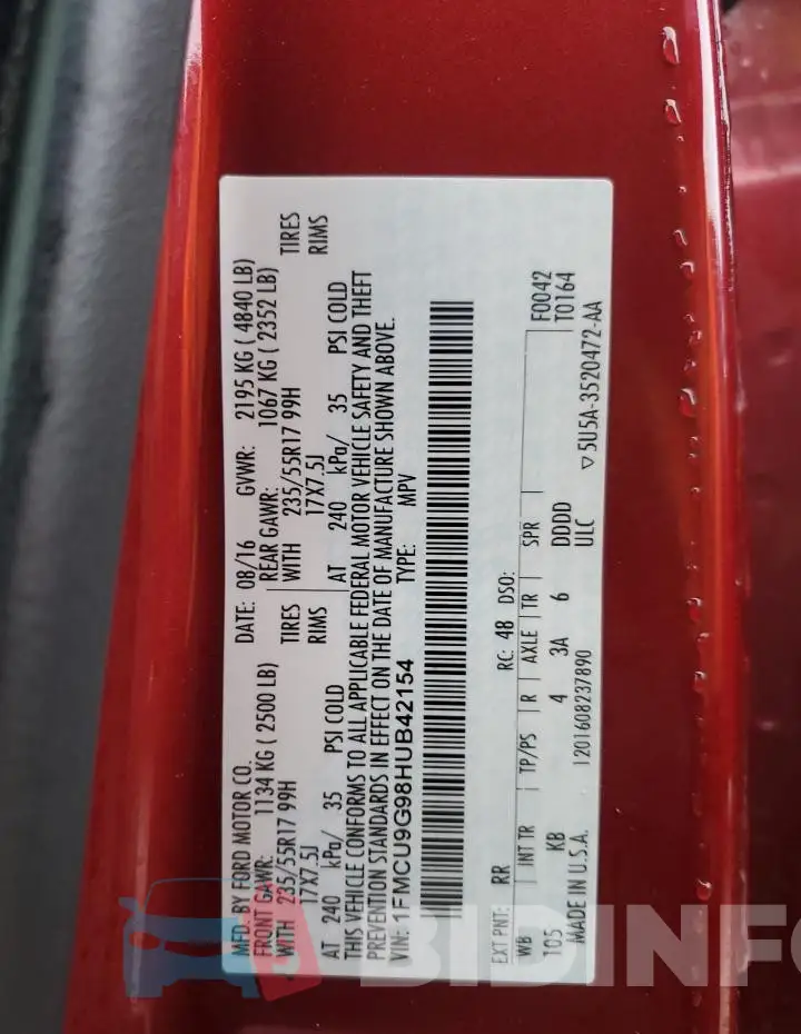 1FMCU9G98HUB42154 Photo# 14