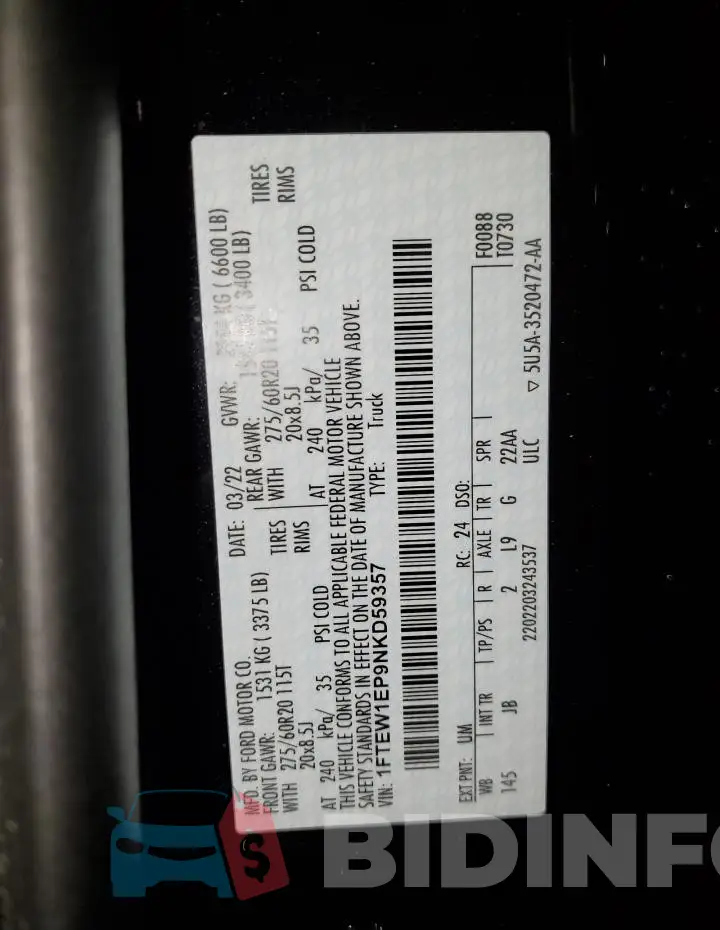 1FTEW1EP9NKD59357 Photo# 12