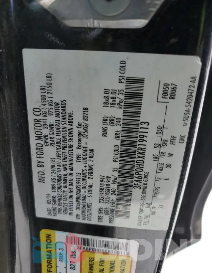 3FA6P0HDXKR199113 Photo# 12
