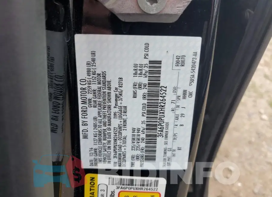 3FA6P0PUXHR264522 Photo# 13