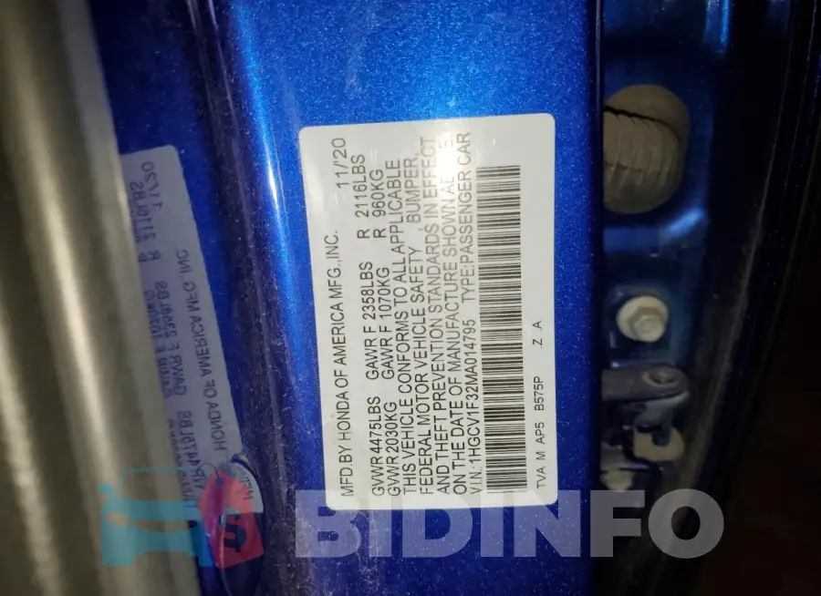 1HGCV1F32MA014795 Photo# 12
