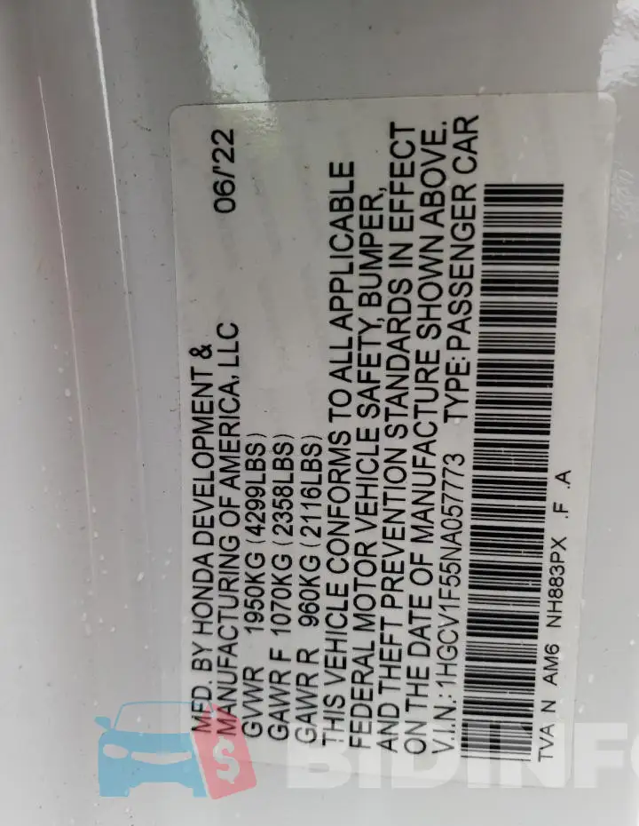1HGCV1F55NA057773 Photo# 12