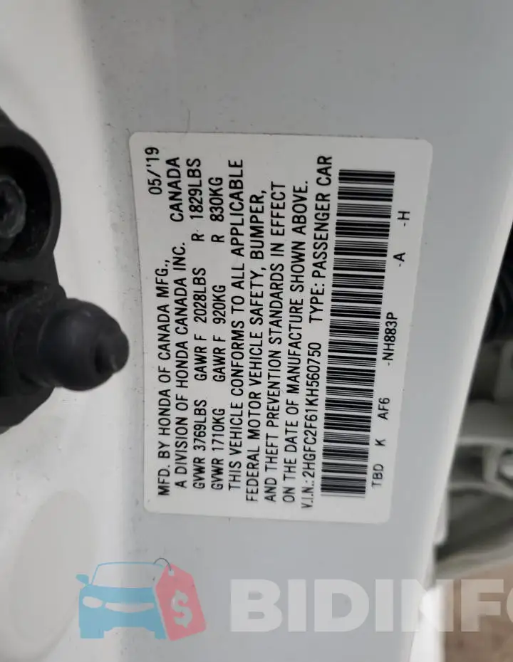 2HGFC2F61KH560750 Photo# 12