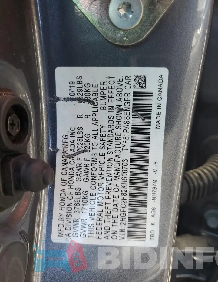 2HGFC2F82KH606703 Photo# 13