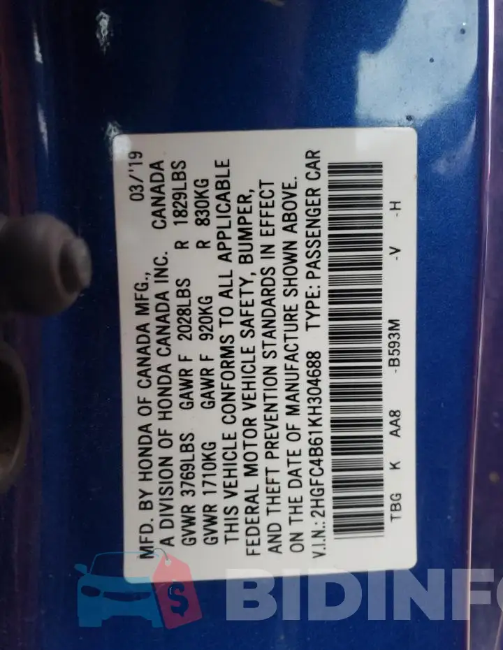 2HGFC4B61KH304688 Photo# 12