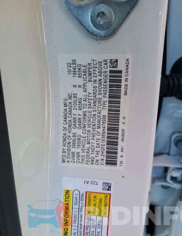 2HGFE1E56NH476988 Photo# 12