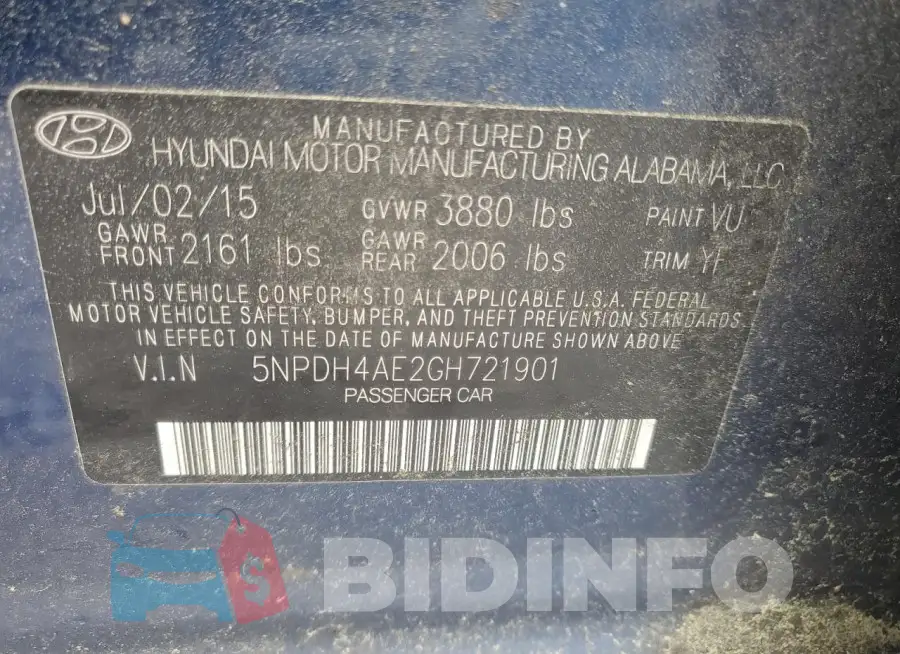 5NPDH4AE2GH721901 Photo# 12