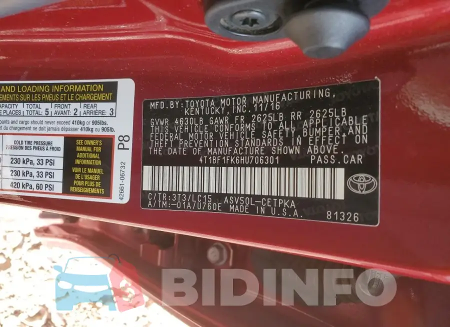 4T1BF1FK6HU706301 Photo# 12