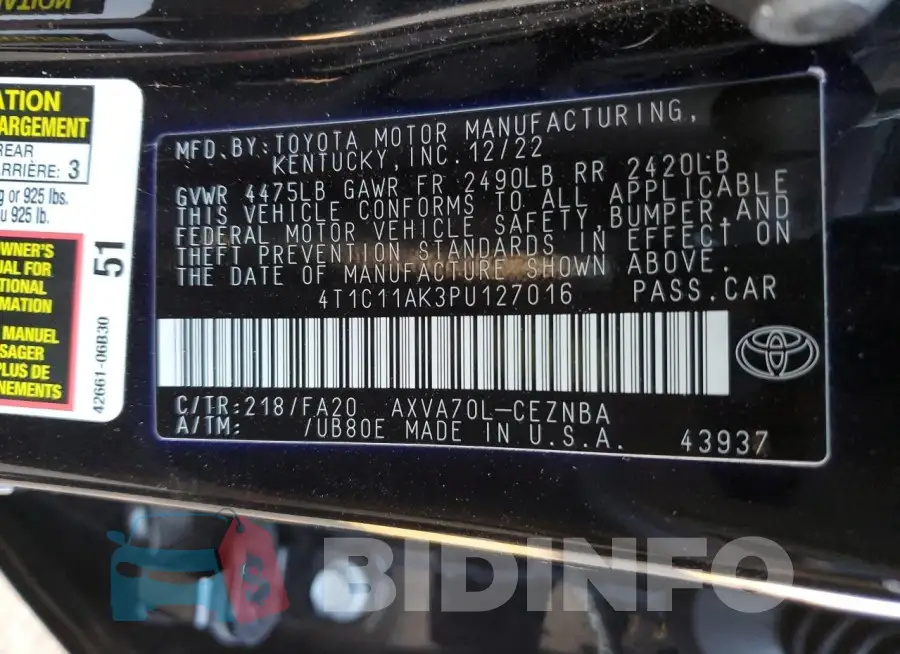4T1C11AK3PU127016 Photo# 12