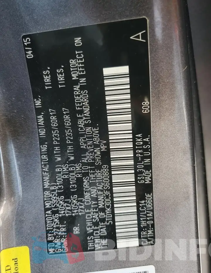 5TDYK3DC3FS600889 Photo# 14