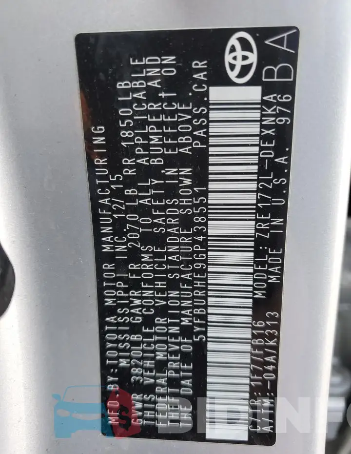 5YFBURHE9GP438551 Photo# 13