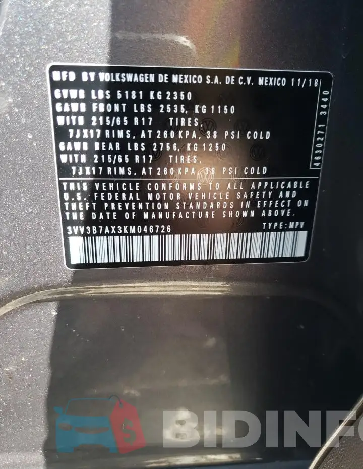 3VV3B7AX3KM046726 Photo# 12